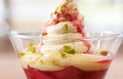 Forced Yorkshire rhubarb trifle with rum soaked parkin crumbs