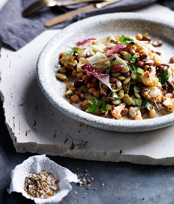 Four-bean salad with roast cauliflower