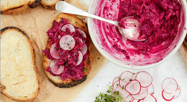Four easy vegetable-centered sandwiches: beetroot, radish and mustard