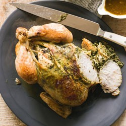 Four-herb roast chicken with the ultimate gravy and sauteed Brussels sprouts