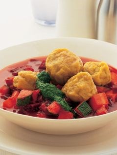 Fragrant beetroot and vegetable soup with spiced lambkubbeh