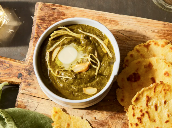 Fragrant  butter-laced pureed mustard greens (Sarsoon ka saag)