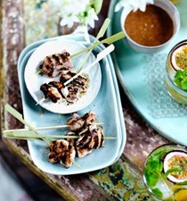Fragrant chicken skewers with almond dipping sauce