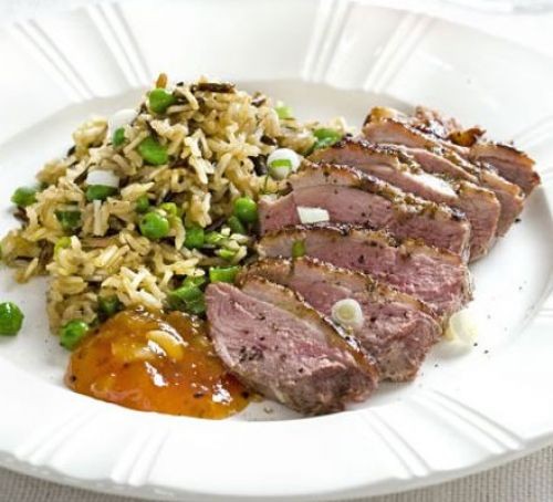 Fragrant duck breasts with wild rice pilaf