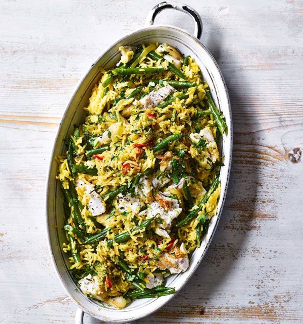 Fragrant hake, lime and coconut pilaf