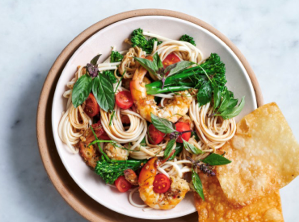 Fragrant prawns with Thai basil and udon noodles