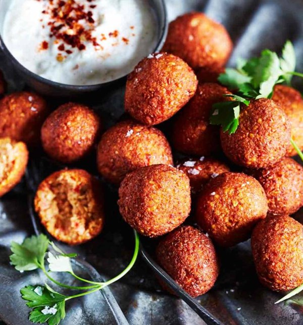 Fragrant spiced red pepper falafel with smoky yogurt dip