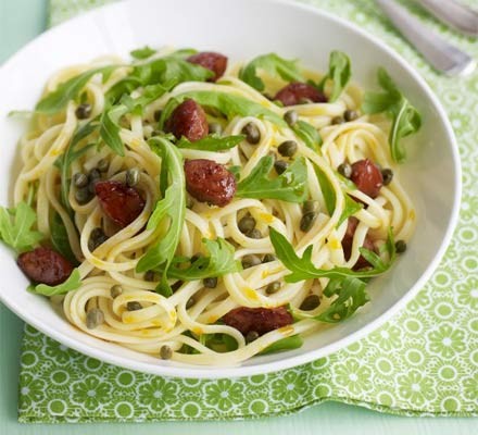 Frazzled chorizo and rocket linguine