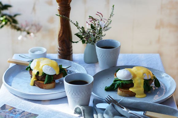 Free range eggs Benedict with burnt butter Hollandaise