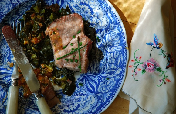 Freedom pork with sticky greens and mop sauce