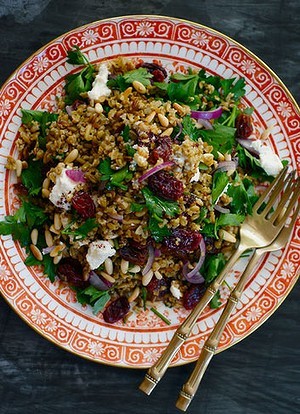 Freekah with sumac, labne and cranberries