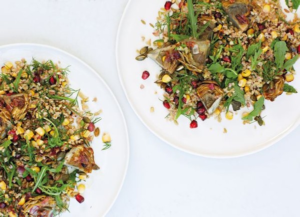 Freekeh, cumin-roast artichoke, grilled corn and pomegranate