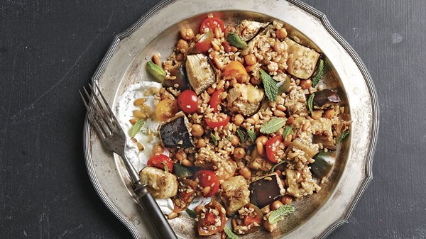 Freekeh, eggplant, and chickpea salad with labneh and mint