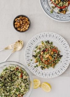Freekeh, herb and black olive salad with spiced almonds