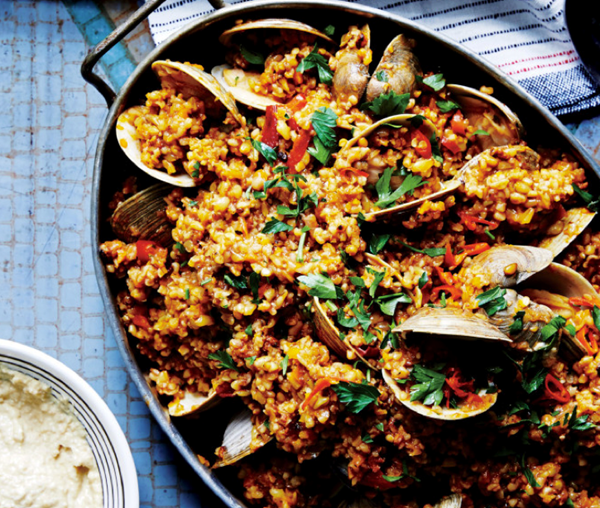Freekeh paella with clams and almond aioli