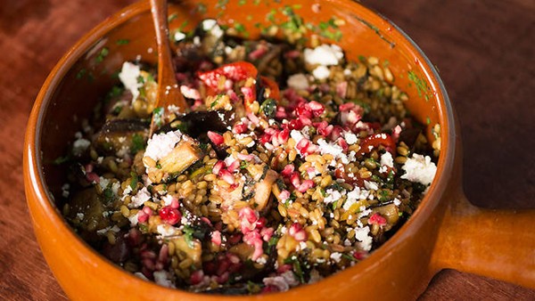 Freekeh salad with pomegranate seeds and molasses