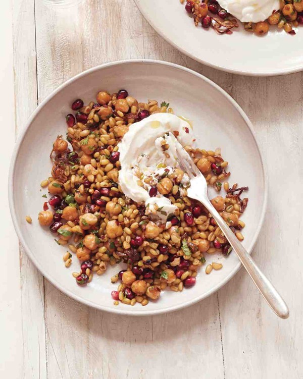 Freekeh with caramelized shallots, chickpeas, and yogurt