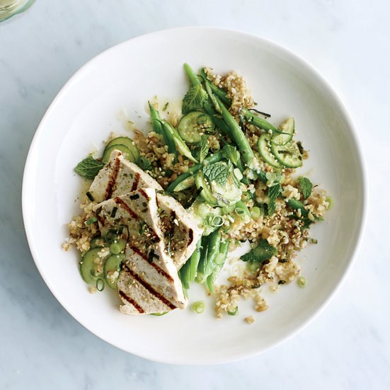 Freekeh with grilled tofu and miso-lime dressing