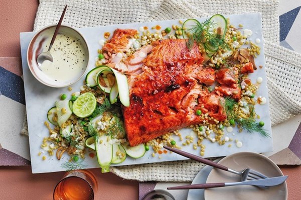 Freekeh with paprika & honey-glazed salmon