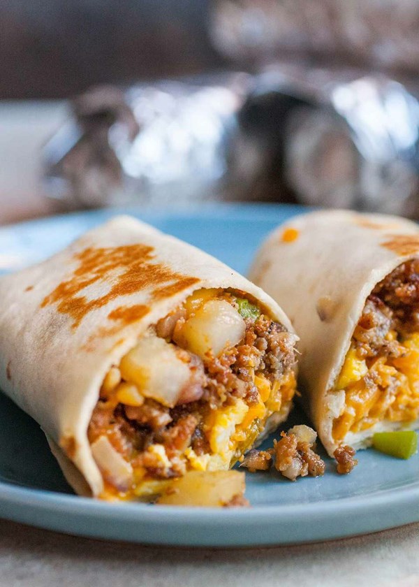 Freezer breakfast burritos with sausage, eggs and salsa verde
