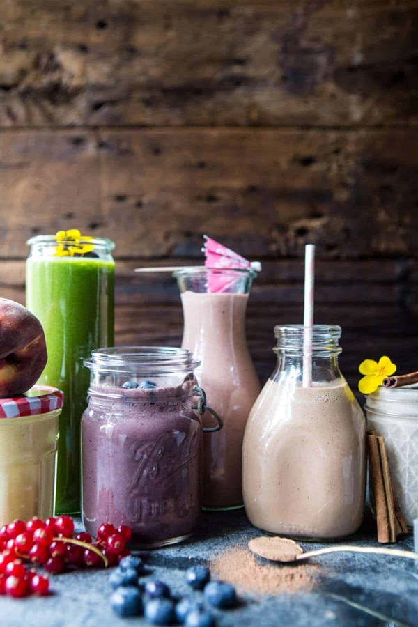 Freezer smoothie packs 6 ways: cinnamon banana / peaches and cream / chocolate peanut butter banana / pina colada / wild berry Brazilian / tropical green monster