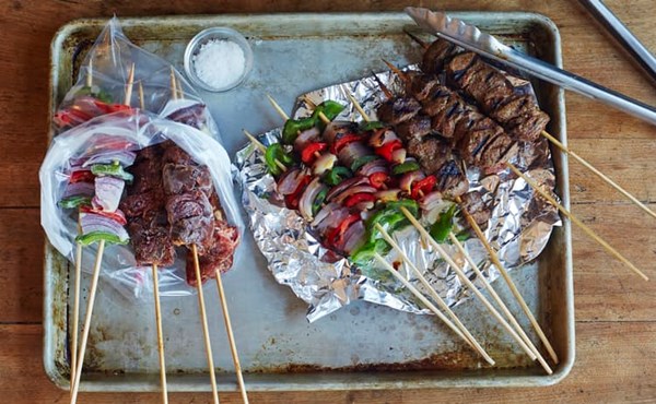 Freezer-to-grill steak and vegetable kabobs
