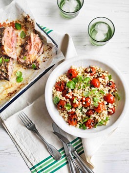 Fregola and roast tomato salad with barbecued lamb shoulder