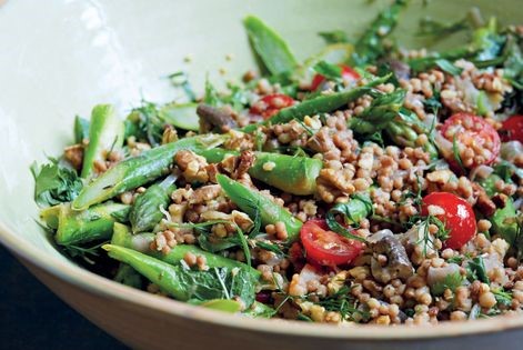 Fregola, asparagus, shiitake mushrooms and walnuts