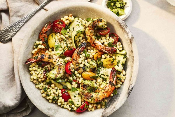 Fregola pasta salad with grilled shrimp