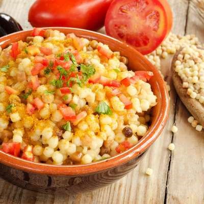 Fregola salad with olives, orange zest & fresh herbs (Insalata di fregola con olive, scorza d'arancia ed erbette)