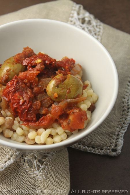 Fregola Sarda with a tomato, anchovy, chilli and olive sauce