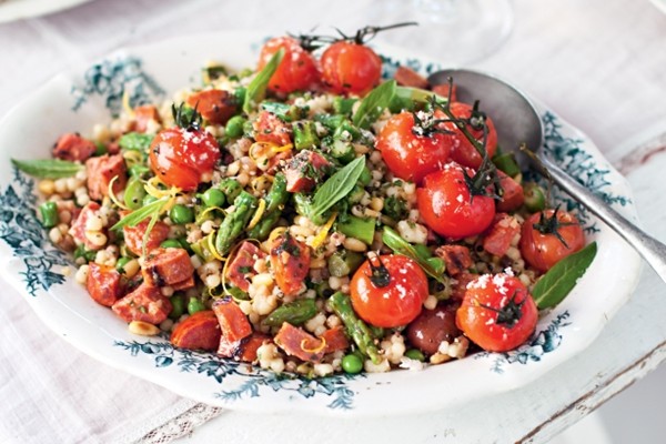 Fregola with asparagus, roast tomatoes and chorizo