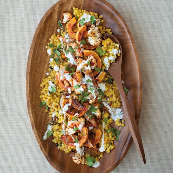 Fregola with cauliflower, delicata squash, and harissa