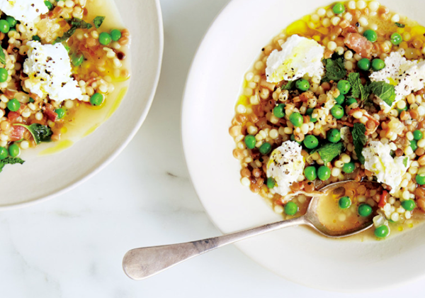 Fregola with green peas, mint, and ricotta