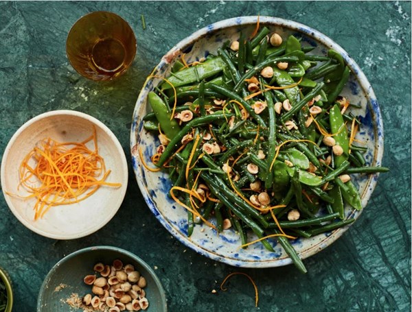 French beans and mangetout with hazelnut and orange