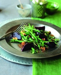 French beans in wild garlic pesto with warm roasted beetroot and walnut salad