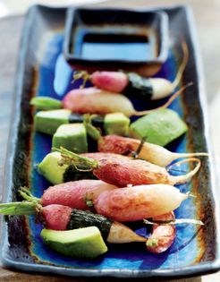 French breakfast radishes with nori, tamari, and avocado