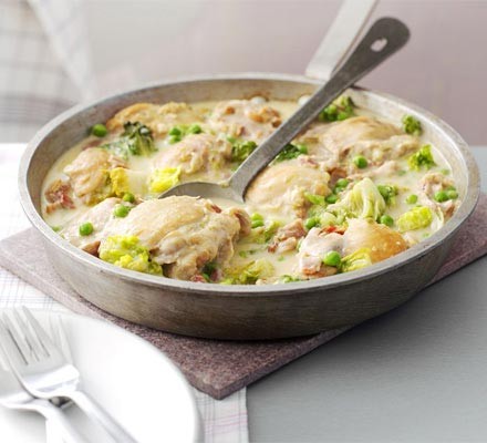 French chicken with peas and bacon