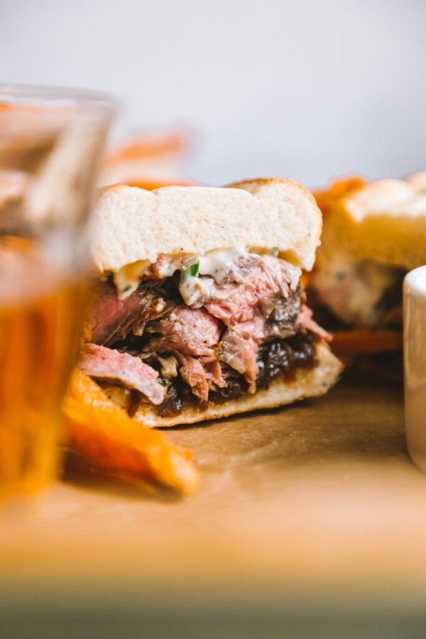 French dip steak sandwich with horseradish mayo