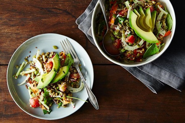 French lentil, Kamut, and avocado salad with basil dressing