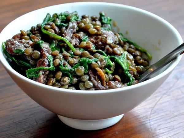 French lentils with sausage, wilted arugula, & Dijon mustard