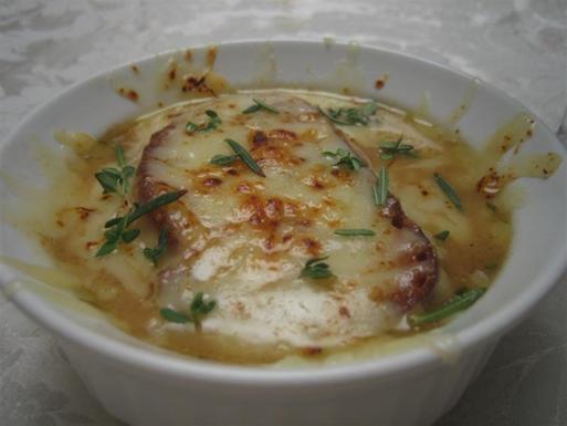 French mushroom soup with roasted garlic croutons