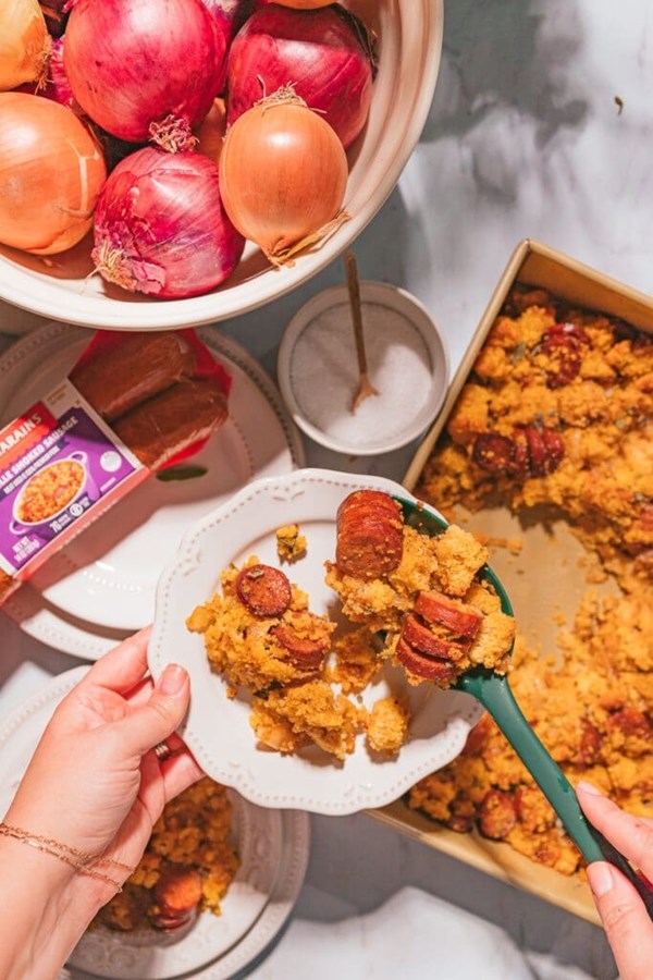 French onion cornbread dressing with Zatarain’s smoked andouille sausage 