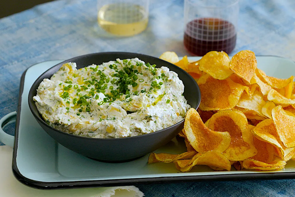 French onion labneh with ruffled potato chips