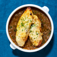 French onion soup with cheesy croutons