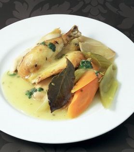 French roast chicken with 'tartiflette' sides