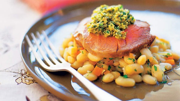French roast lamb with haricot beans and green olive salsa