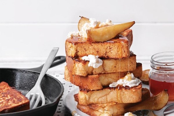 French toast, caramelised pears and ricotta