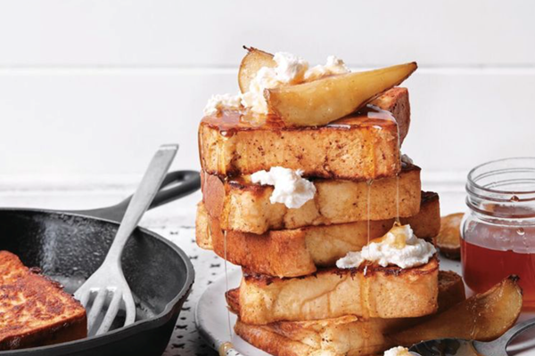 French toast, caramelised pears and ricotta