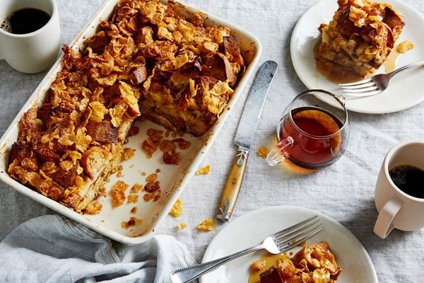 French toast casserole with salted Frosted Flakes